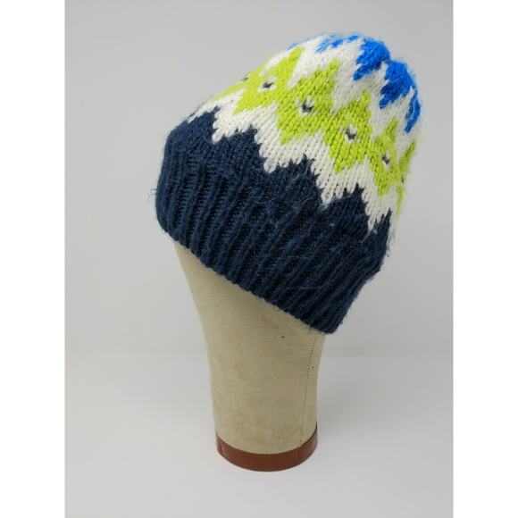 Land's End 100% Acrylic Beanie Hat Blue Size M-L Striped Diamond Pattern - Picture 4 of 10